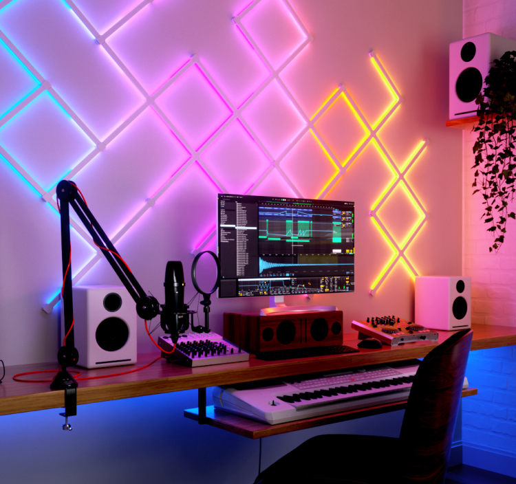 Gaming battlestation with 12 Nanoleaf Lines smart LED light bars mounted to the wall above the desk and behind the monitor. The perfect gaming lights for your setup.