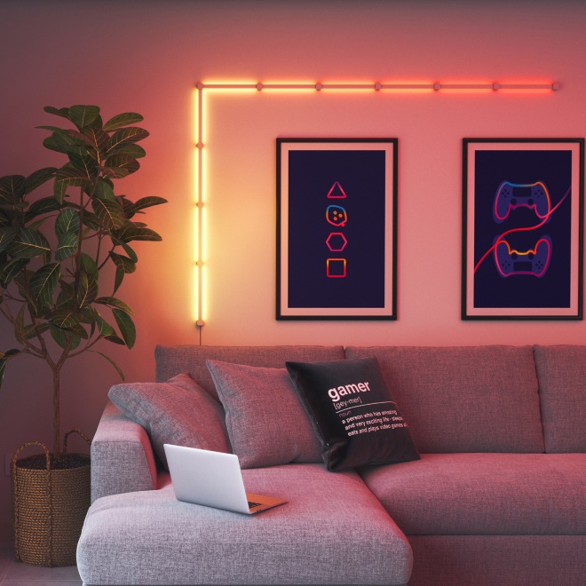 Office bedroom setup with Nanoleaf Lines RGB lights mounted above the desk and monitor. The perfect gaming lights for your PC battlestation.