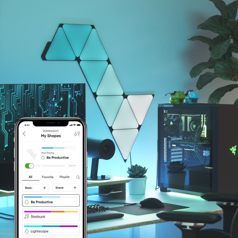 Nanoleaf Shapes Thread enabled color changing black mini triangle smart modular light panels. 10 pack. Has expansion packs and flex linker accessories. Similar to Philips Hue, Lifx. HomeKit, Google Assistant, Amazon Alexa, IFTTT.